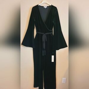 Calvin Klein Black Velvet Wrap Jumpsuit with Tassel Tie
